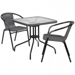 28\'\' Square Glass Metal Table with Gray Rattan Edging and 2 Gray Rattan Stack Chairs