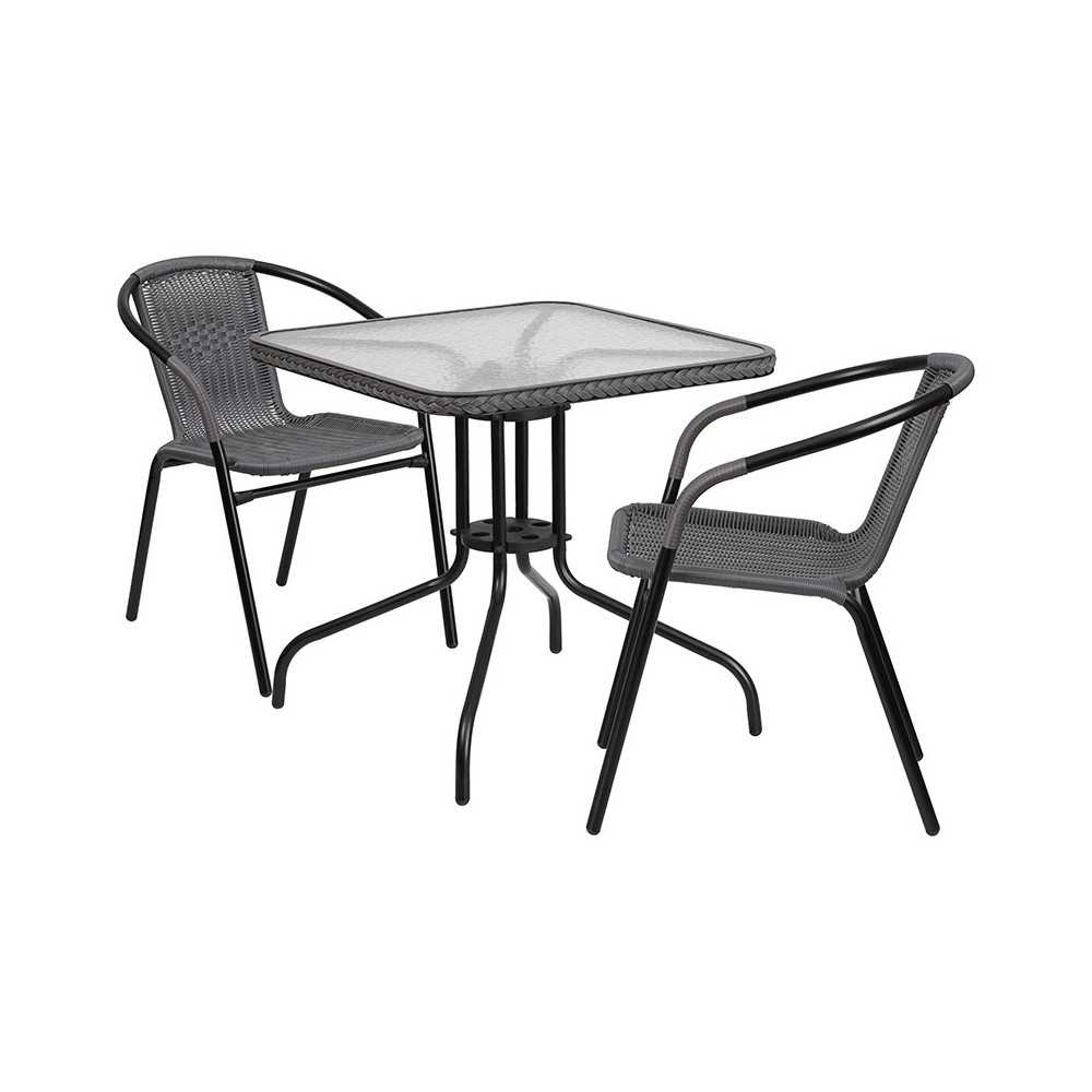 28'' Square Glass Metal Table with Gray Rattan Edging and 2 Gray Rattan Stack Chairs 28'' Square Glass Metal Table with Gray Rattan Edging and 2 Gray Rattan Stack Chairs