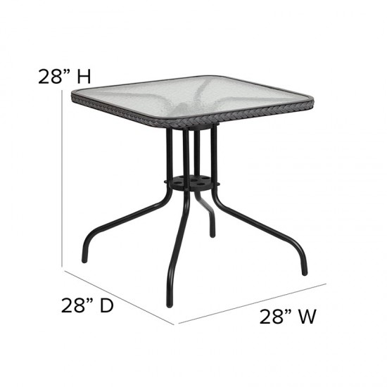28'' Square Glass Metal Table with Gray Rattan Edging and 2 Gray Rattan Stack Chairs