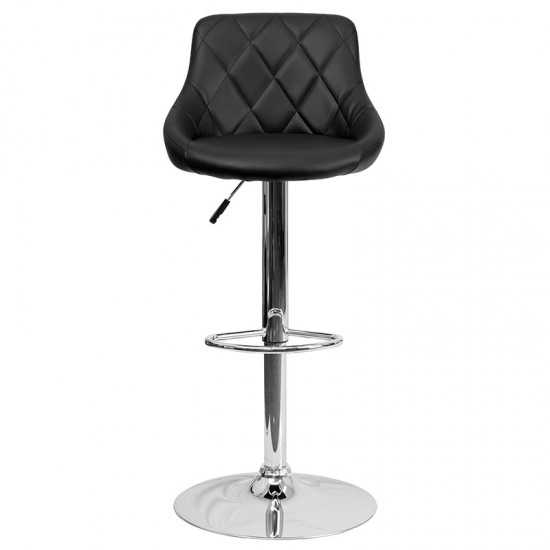 Contemporary Black Vinyl Bucket Seat Adjustable Height Barstool with Diamond Pattern Back and Chrome Base