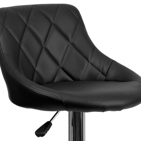 Contemporary Black Vinyl Bucket Seat Adjustable Height Barstool with Diamond Pattern Back and Chrome Base