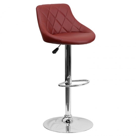 Contemporary Burgundy Vinyl Bucket Seat Adjustable Height Barstool with Diamond Pattern Back and Chrome Base