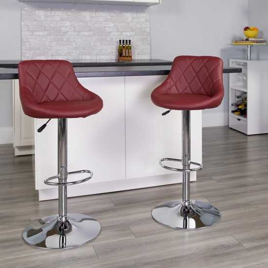 Contemporary Burgundy Vinyl Bucket Seat Adjustable Height Barstool with Diamond Pattern Back and Chrome Base