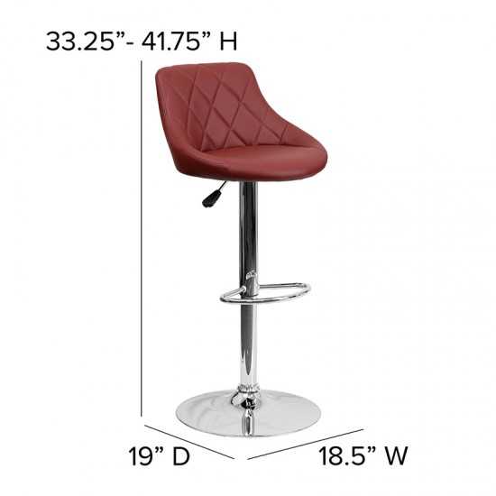 Contemporary Burgundy Vinyl Bucket Seat Adjustable Height Barstool with Diamond Pattern Back and Chrome Base