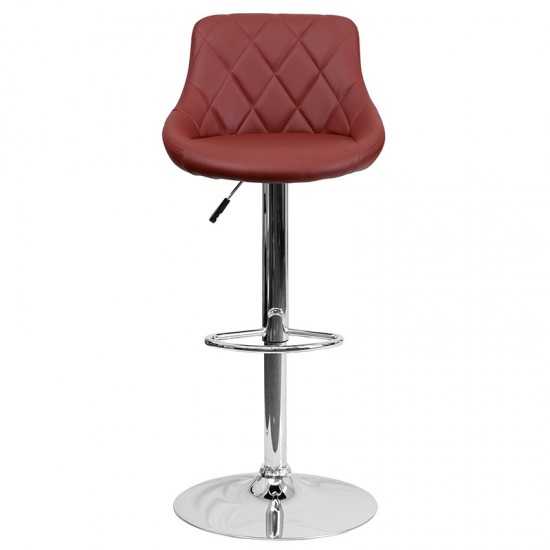 Contemporary Burgundy Vinyl Bucket Seat Adjustable Height Barstool with Diamond Pattern Back and Chrome Base