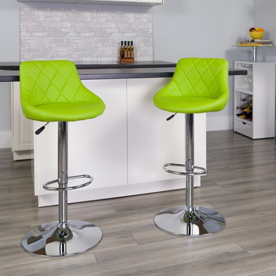 Contemporary Green Vinyl Bucket Seat Adjustable Height Barstool with Diamond Pattern Back and Chrome Base