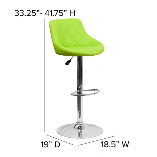 Contemporary Green Vinyl Bucket Seat Adjustable Height Barstool with Diamond Pattern Back and Chrome Base