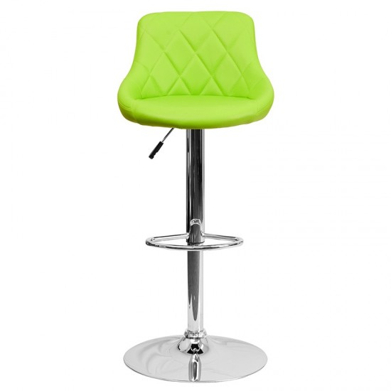 Contemporary Green Vinyl Bucket Seat Adjustable Height Barstool with Diamond Pattern Back and Chrome Base