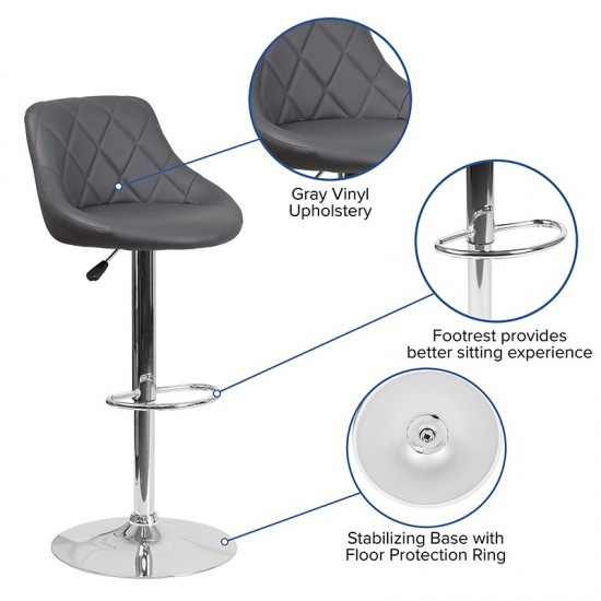 Contemporary Gray Vinyl Bucket Seat Adjustable Height Barstool with Chrome Base