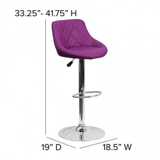 Contemporary Purple Vinyl Bucket Seat Adjustable Height Barstool with Diamond Pattern Back and Chrome Base