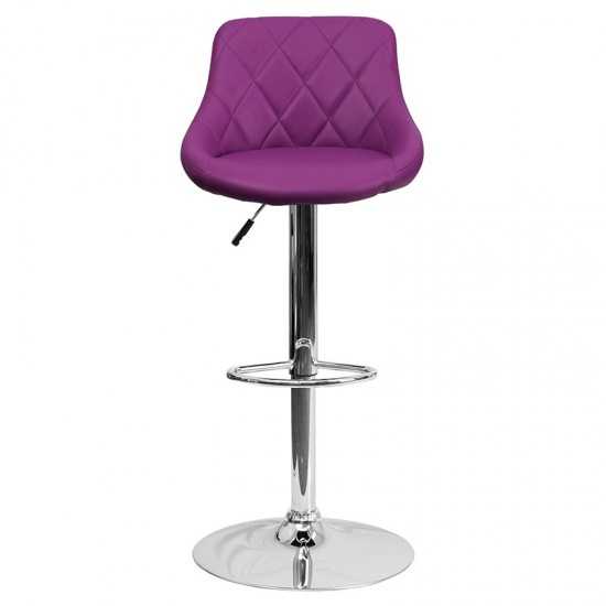 Contemporary Purple Vinyl Bucket Seat Adjustable Height Barstool with Diamond Pattern Back and Chrome Base