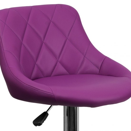 Contemporary Purple Vinyl Bucket Seat Adjustable Height Barstool with Diamond Pattern Back and Chrome Base