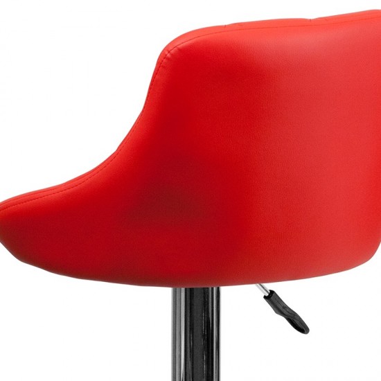 Contemporary Red Vinyl Bucket Seat Adjustable Height Barstool with Diamond Pattern Back and Chrome Base