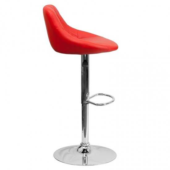 Contemporary Red Vinyl Bucket Seat Adjustable Height Barstool with Diamond Pattern Back and Chrome Base