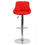 Contemporary Red Vinyl Bucket Seat Adjustable Height Barstool with Diamond Pattern Back and Chrome Base