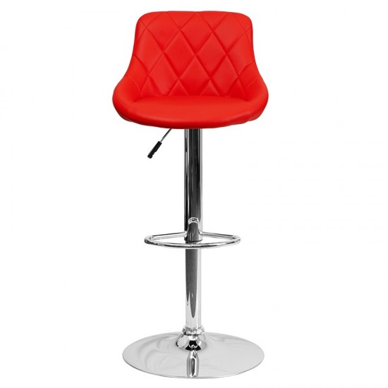 Contemporary Red Vinyl Bucket Seat Adjustable Height Barstool with Diamond Pattern Back and Chrome Base