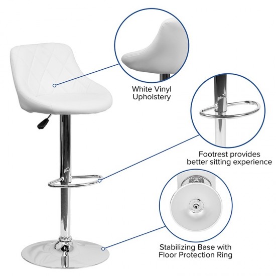 Contemporary White Vinyl Bucket Seat Adjustable Height Barstool with Diamond Pattern Back and Chrome Base