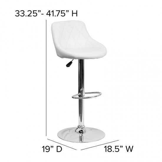 Contemporary White Vinyl Bucket Seat Adjustable Height Barstool with Diamond Pattern Back and Chrome Base