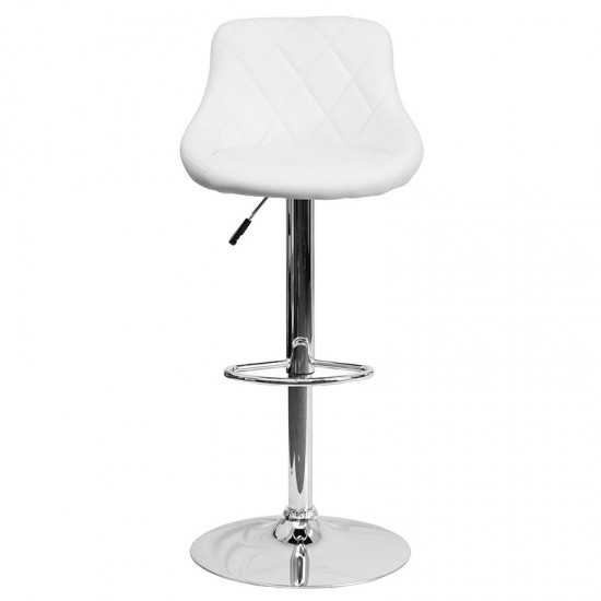 Contemporary White Vinyl Bucket Seat Adjustable Height Barstool with Diamond Pattern Back and Chrome Base