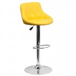 Contemporary Yellow Vinyl Bucket Seat Adjustable Height Barstool with Diamond Pattern Back and Chrome Base