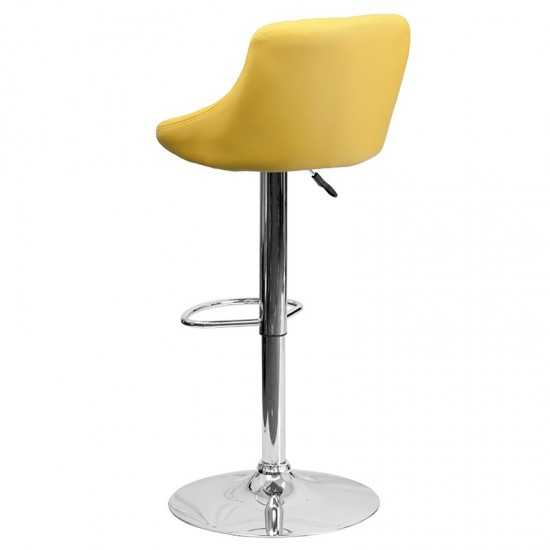 Contemporary Yellow Vinyl Bucket Seat Adjustable Height Barstool with Diamond Pattern Back and Chrome Base