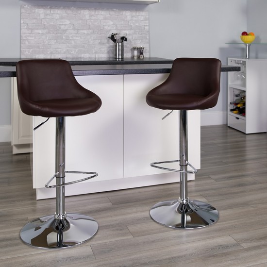 Contemporary Brown Vinyl Bucket Seat Adjustable Height Barstool with Chrome Base