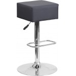 Contemporary Gray Vinyl Adjustable Height Barstool with Square Seat and Chrome Base