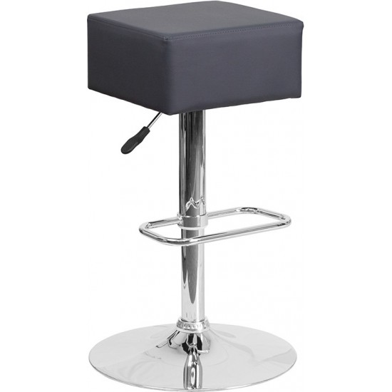 Contemporary Gray Vinyl Adjustable Height Barstool with Square Seat and Chrome Base