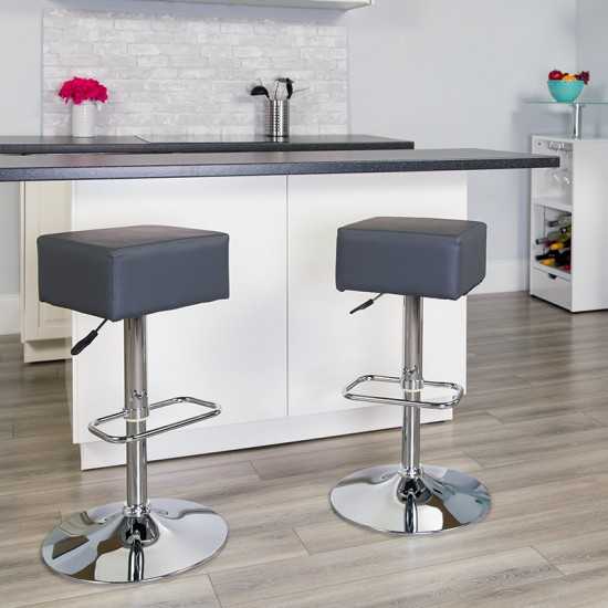 Contemporary Gray Vinyl Adjustable Height Barstool with Square Seat and Chrome Base