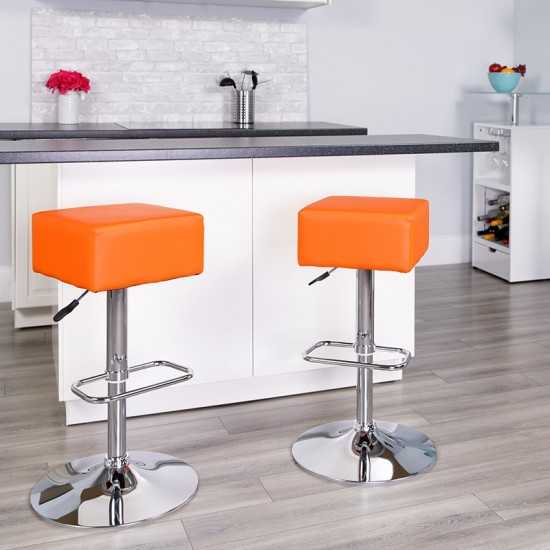 Contemporary Orange Vinyl Adjustable Height Barstool with Square Seat and Chrome Base