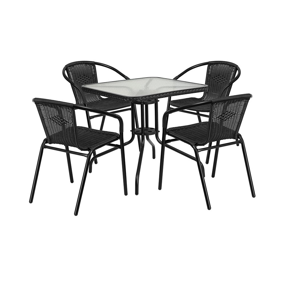 28'' Square Glass Metal Table with Black Rattan Edging and 4 Black Rattan Stack Chairs