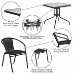 28'' Square Glass Metal Table with Black Rattan Edging and 4 Black Rattan Stack Chairs