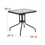 28'' Square Glass Metal Table with Black Rattan Edging and 4 Black Rattan Stack Chairs