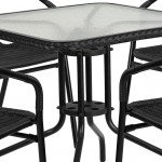 28'' Square Glass Metal Table with Black Rattan Edging and 4 Black Rattan Stack Chairs