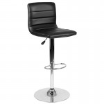 Modern Black Vinyl Adjustable Bar Stool with Back, Counter Height Swivel Stool with Chrome Pedestal Base