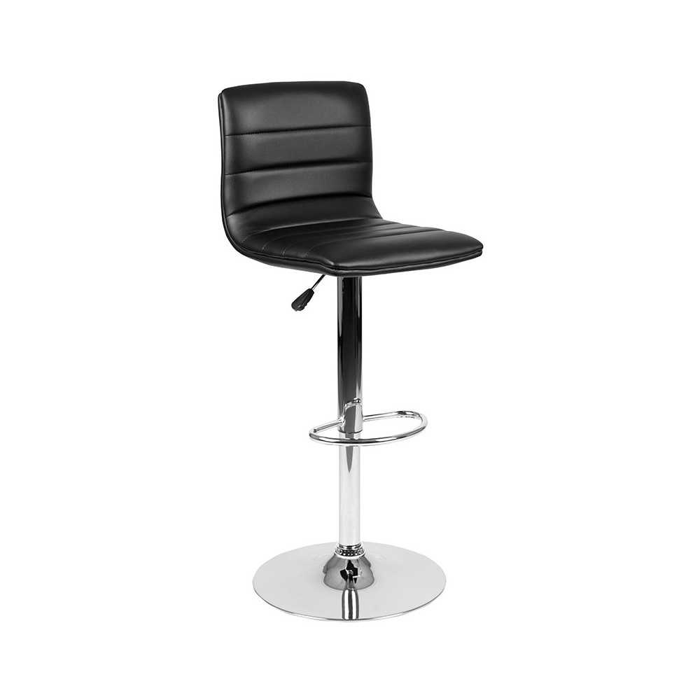 Modern Black Vinyl Adjustable Bar Stool with Back, Counter Height Swivel Stool with Chrome Pedestal Base