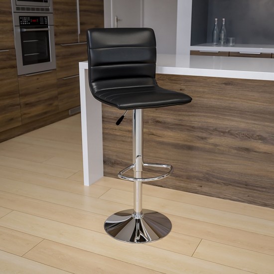 Modern Black Vinyl Adjustable Bar Stool with Back, Counter Height Swivel Stool with Chrome Pedestal Base