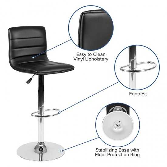 Modern Black Vinyl Adjustable Bar Stool with Back, Counter Height Swivel Stool with Chrome Pedestal Base