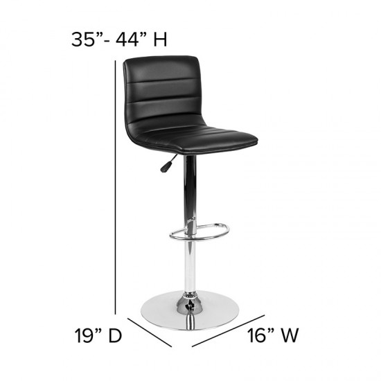 Modern Black Vinyl Adjustable Bar Stool with Back, Counter Height Swivel Stool with Chrome Pedestal Base