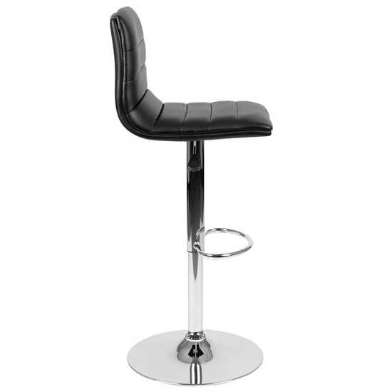 Modern Black Vinyl Adjustable Bar Stool with Back, Counter Height Swivel Stool with Chrome Pedestal Base