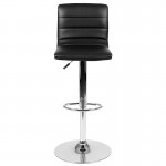 Modern Black Vinyl Adjustable Bar Stool with Back, Counter Height Swivel Stool with Chrome Pedestal Base