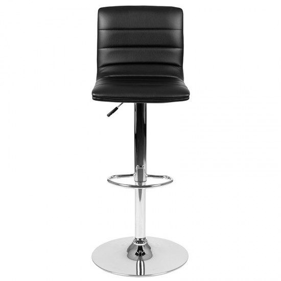 Modern Black Vinyl Adjustable Bar Stool with Back, Counter Height Swivel Stool with Chrome Pedestal Base