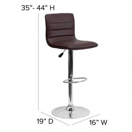 Modern Brown Vinyl Adjustable Bar Stool with Back, Counter Height Swivel Stool with Chrome Pedestal Base