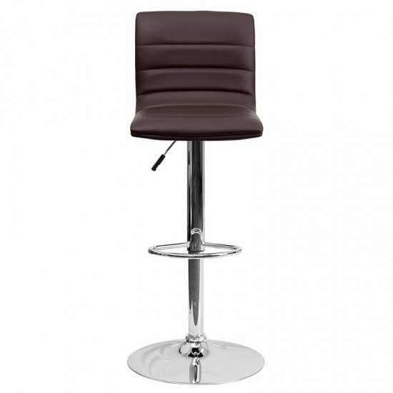 Modern Brown Vinyl Adjustable Bar Stool with Back, Counter Height Swivel Stool with Chrome Pedestal Base