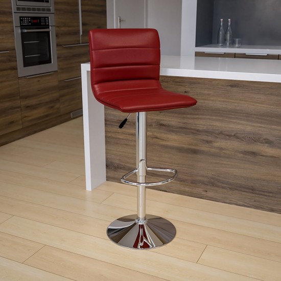 Modern Burgundy Vinyl Adjustable Bar Stool with Back, Counter Height Swivel Stool with Chrome Pedestal Base