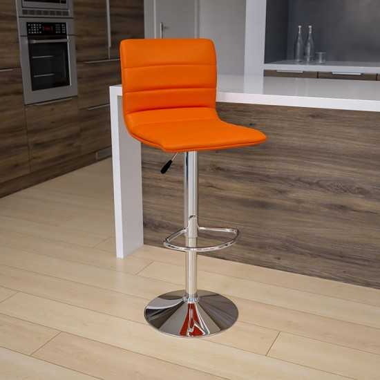 Modern Orange Vinyl Adjustable Bar Stool with Back, Counter Height Swivel Stool with Chrome Pedestal Base