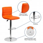 Modern Orange Vinyl Adjustable Bar Stool with Back, Counter Height Swivel Stool with Chrome Pedestal Base