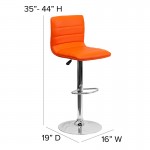 Modern Orange Vinyl Adjustable Bar Stool with Back, Counter Height Swivel Stool with Chrome Pedestal Base