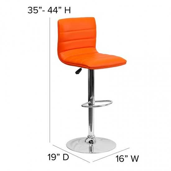 Modern Orange Vinyl Adjustable Bar Stool with Back, Counter Height Swivel Stool with Chrome Pedestal Base