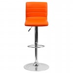 Modern Orange Vinyl Adjustable Bar Stool with Back, Counter Height Swivel Stool with Chrome Pedestal Base